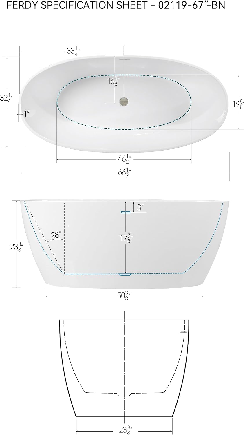 FerdY 67' Acrylic Freestanding Bathtub, Contemporary Soaking tub with Brushed Nickel Drain & Overflow, Elegant Oval Shape, cUPC Certified, Tahiti