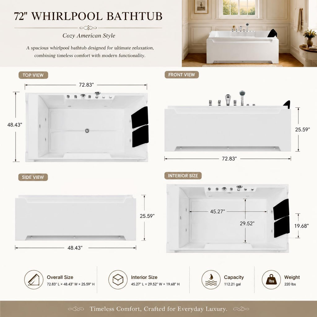 73x48-inch dual massage bathtub, featuring 8 jets, a 750-watt hydrotherapy pump, multi-color underwater LED lighting, 110-gallon capacity, suitable for two people. (white-1)