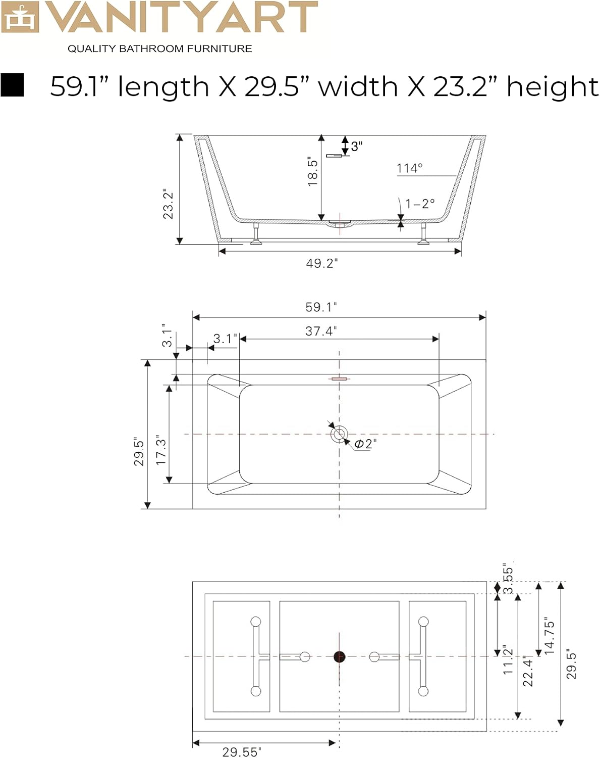Vanity Art 59 X 29 Inch White Acrylic Freestanding Bathtub | Contemporary Design Soaking Tub with Pop-up Drain and Slotted Overflow Included, UPC Certified VA6814-S-PW