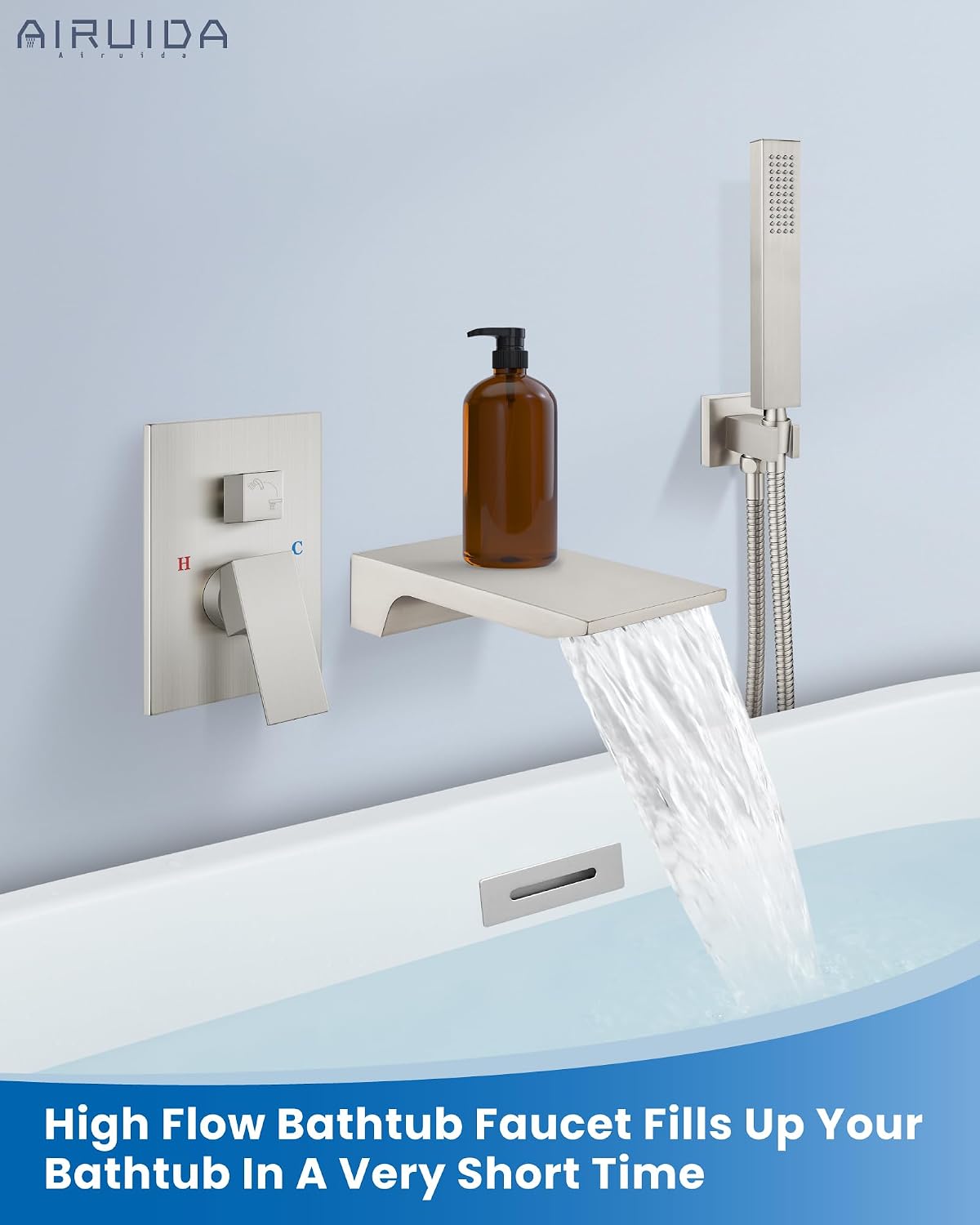 Airuida Wall Mount Tub Faucet with Waterfall Tub Spout Wall Mounted Bathtub Faucet with Handheld Shower Single Handle Tub Filler Shower Faucet Set with Rough-in valve Straight Spout Brushed Nickel