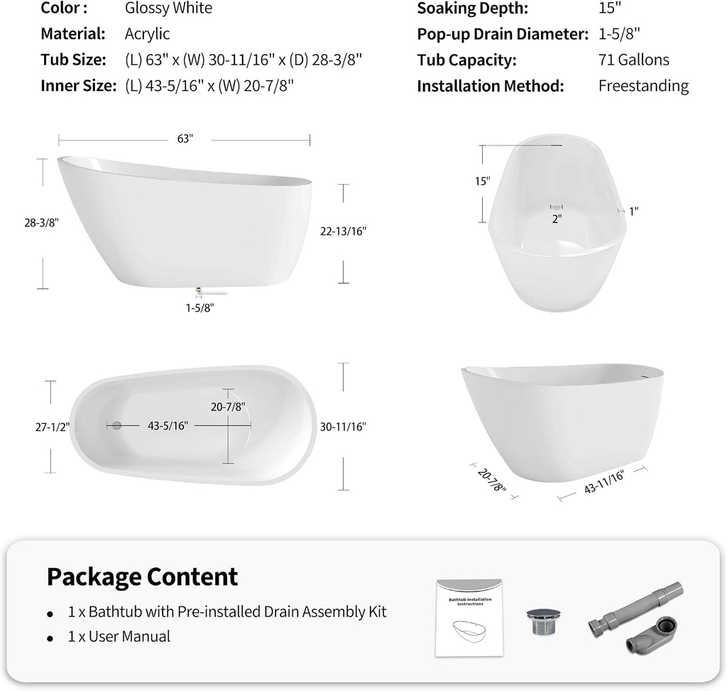 63' Acrylic Freestanding Bathtub, Deep Soaking Bathtub with Pop up Drain Integrated Overflow, Stand Alone Bath Tub for Bathroom Spa or Home Upgrade, Glossy White TH 26A04 63