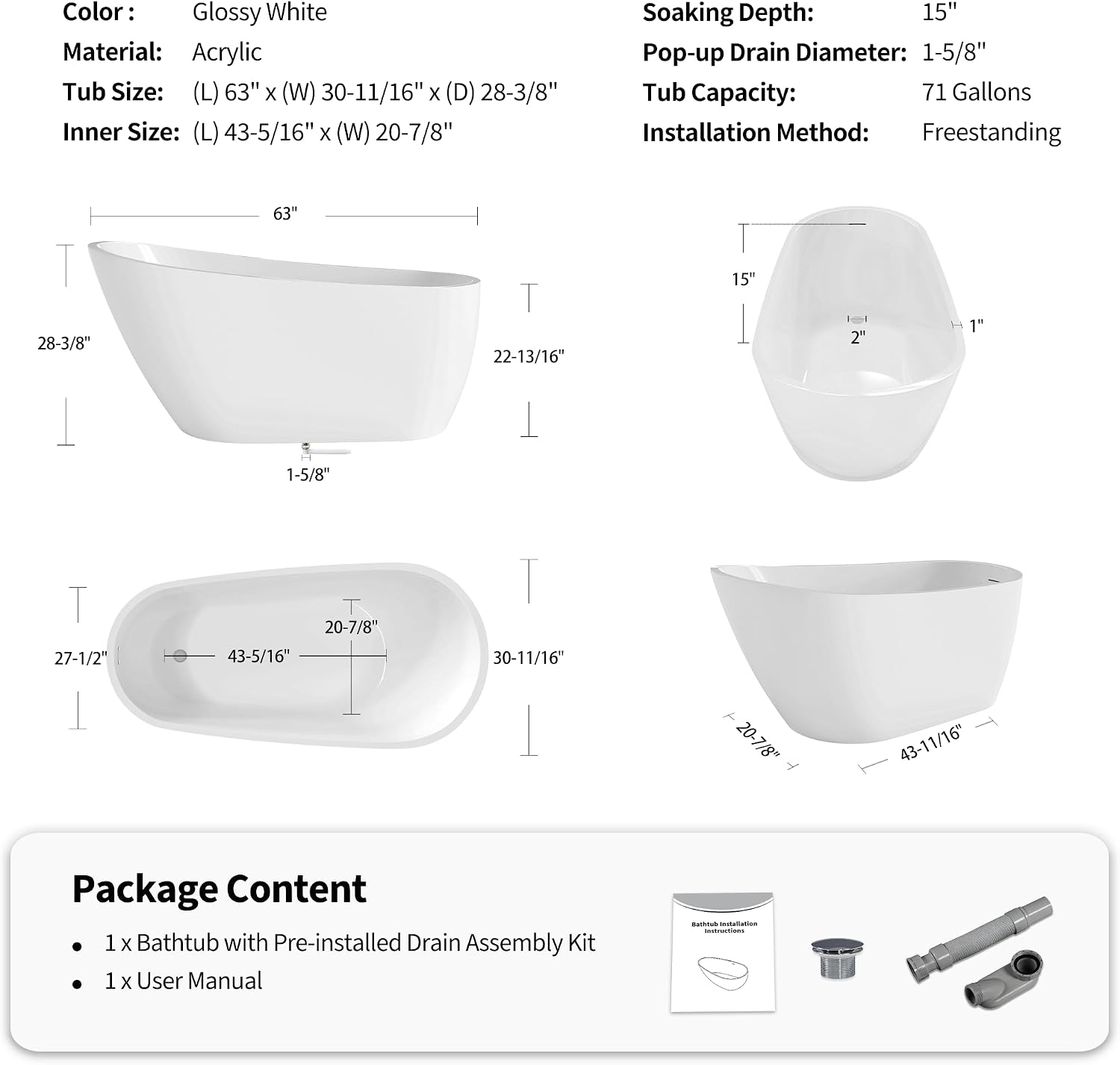 63' Acrylic Freestanding Bathtub, Deep Soaking Bathtub with Pop up Drain Integrated Overflow, Stand Alone Bath Tub for Bathroom Spa or Home Upgrade, Glossy White TH 26A04 63
