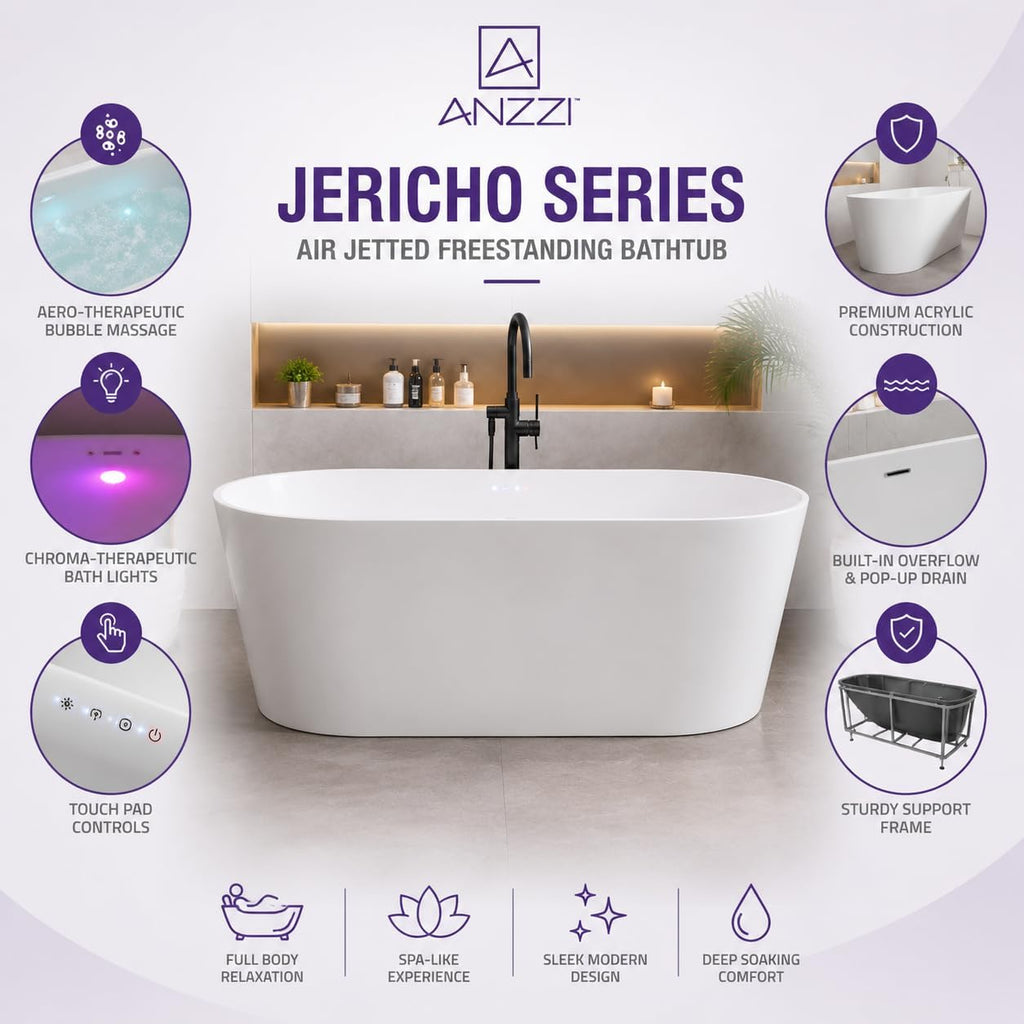ANZZI Whirlpool Freestanding Bathtub 67 Inch Jericho Series Air Jetted Acrylic Glossy White, 200+ Bubble Jets, 4 Chroma-Therapeutic Lights, Center Drain, 80 gal, Overflow, Pop-Up Drain | FT-AZ067
