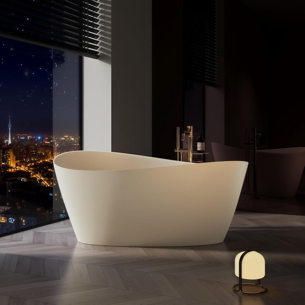 68' Edeyeu Stylish Freestanding Bathtub - Modern Soaker Tub, Extra Deep Freestanding Bathtubs, Durable PMMA Stand Alone Tub, Contemporary Solid Surface Bathtub for Luxurious Bathroom Spa Beige