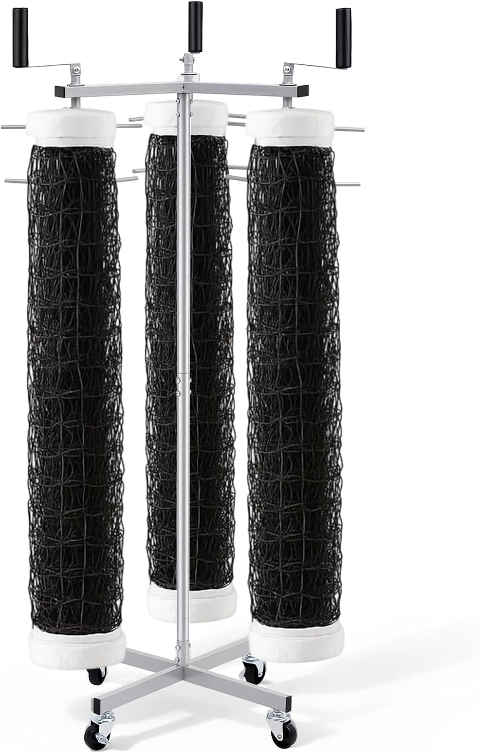 Duraaamo Volleyball Net Storage Rack for 3 Standard Nets, Movable Net Holder with Wheels, Multi-sport Equipment Organizer for Volleyball Badminton Tennis, Untangled Design Vertical Rack for School Gym