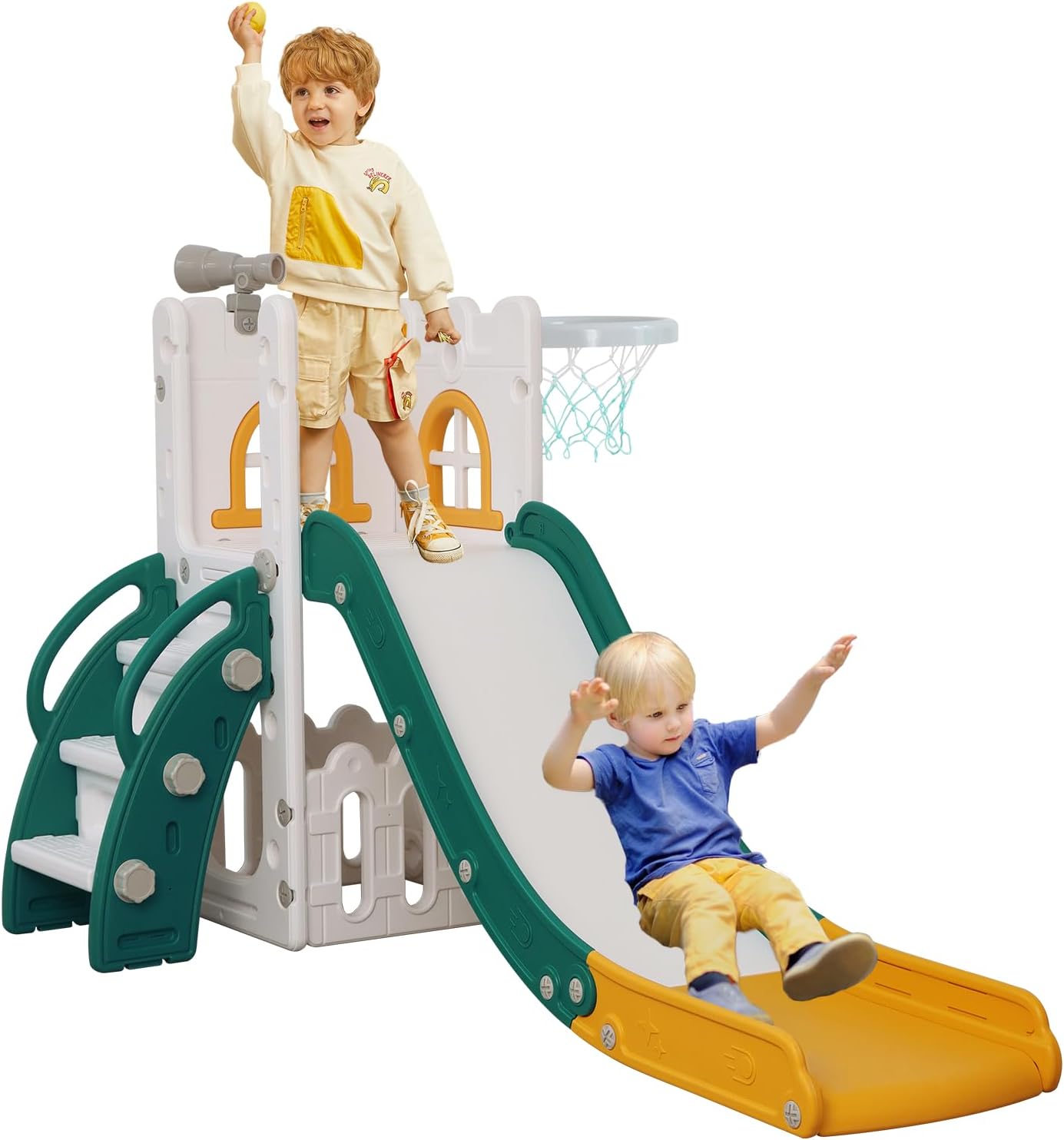LulliSpace 6 in 1 Toddler Slide,Kids Climber Slider for Indoor Outdoor Playground with Basketball Hoop,Storage and Telescope,L Shaped Slide for Toddler Climber Playset