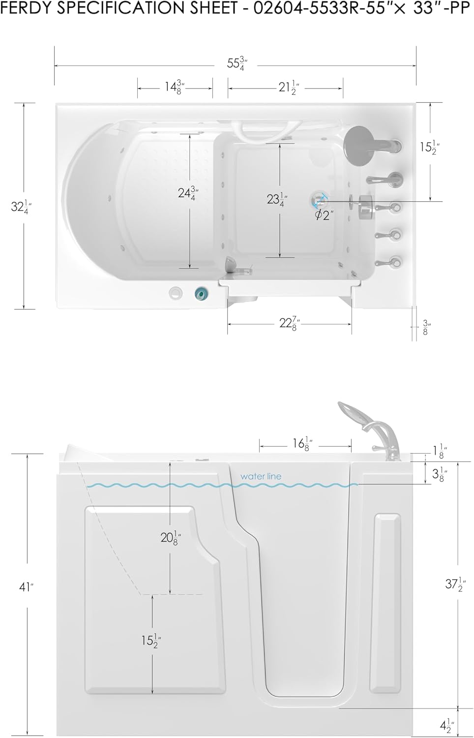 FerdY Floridian 55'x33' Walk-in Whirlpool Bathtub with 16 Air Water SPA Jets and Right-Side Door Opening and Quick Fill and Drain System, Rectangular Soaking Jetted Bath Tub in White with LED Lights