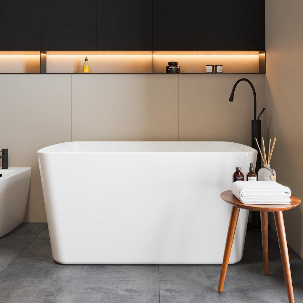 Bathtub 49' Acrylic Free-Standing Bathtubs for Bathroom，Square Shape Janpanese Soaking Tub with Seat Desgin,Stand Alone Tub with Toe-Tap Chrome Drain, Slotted Overflow, CUPC Certified，Glossy White