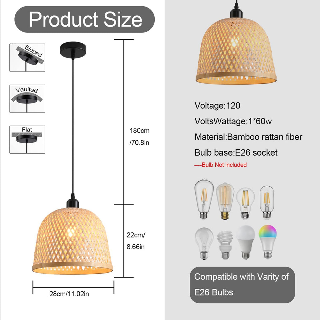 Bamboo Pendant Light 11.02' Hand Woven Bamboo Chandelier,3-Pack Rattan Ceiling Hanging Light,for Living Room Kitchen Dining Room Farmhouse