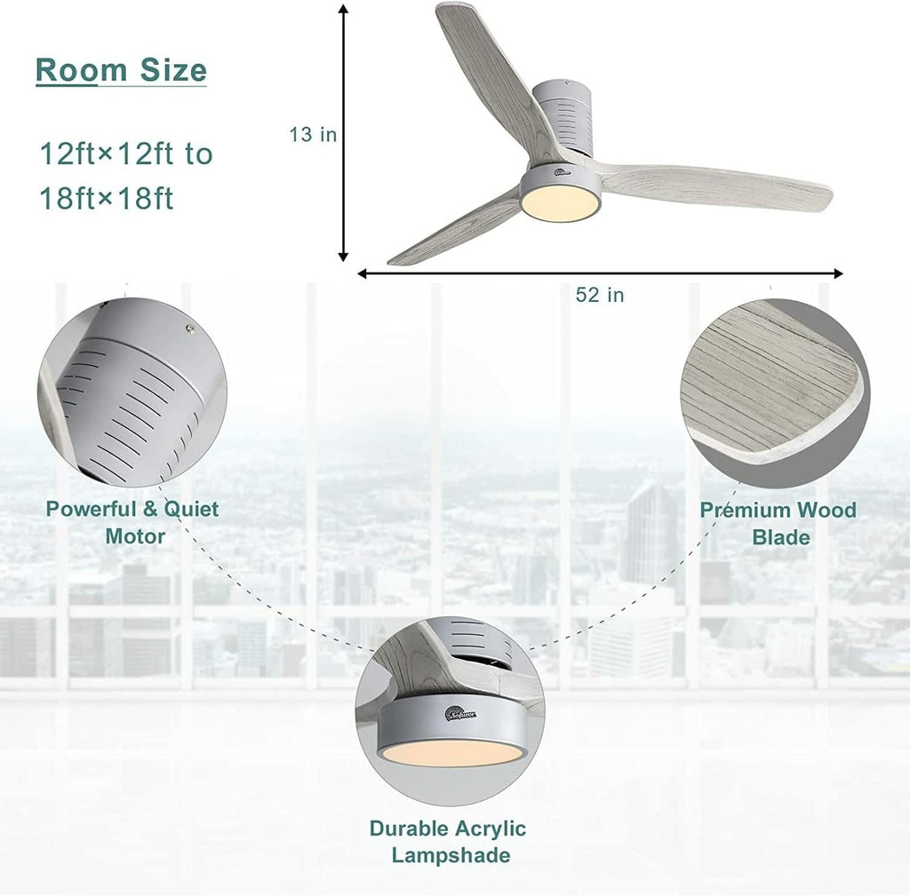 Sofucor 52 Inch Flush Mount Ceiling Fans with Lights, Solid Wood Ceiling Fan with Light Remote Control, Quiet DC Motor, 3 Blade Modern Ceiling Fan for Bedroom Living Room Farmhouse Patio