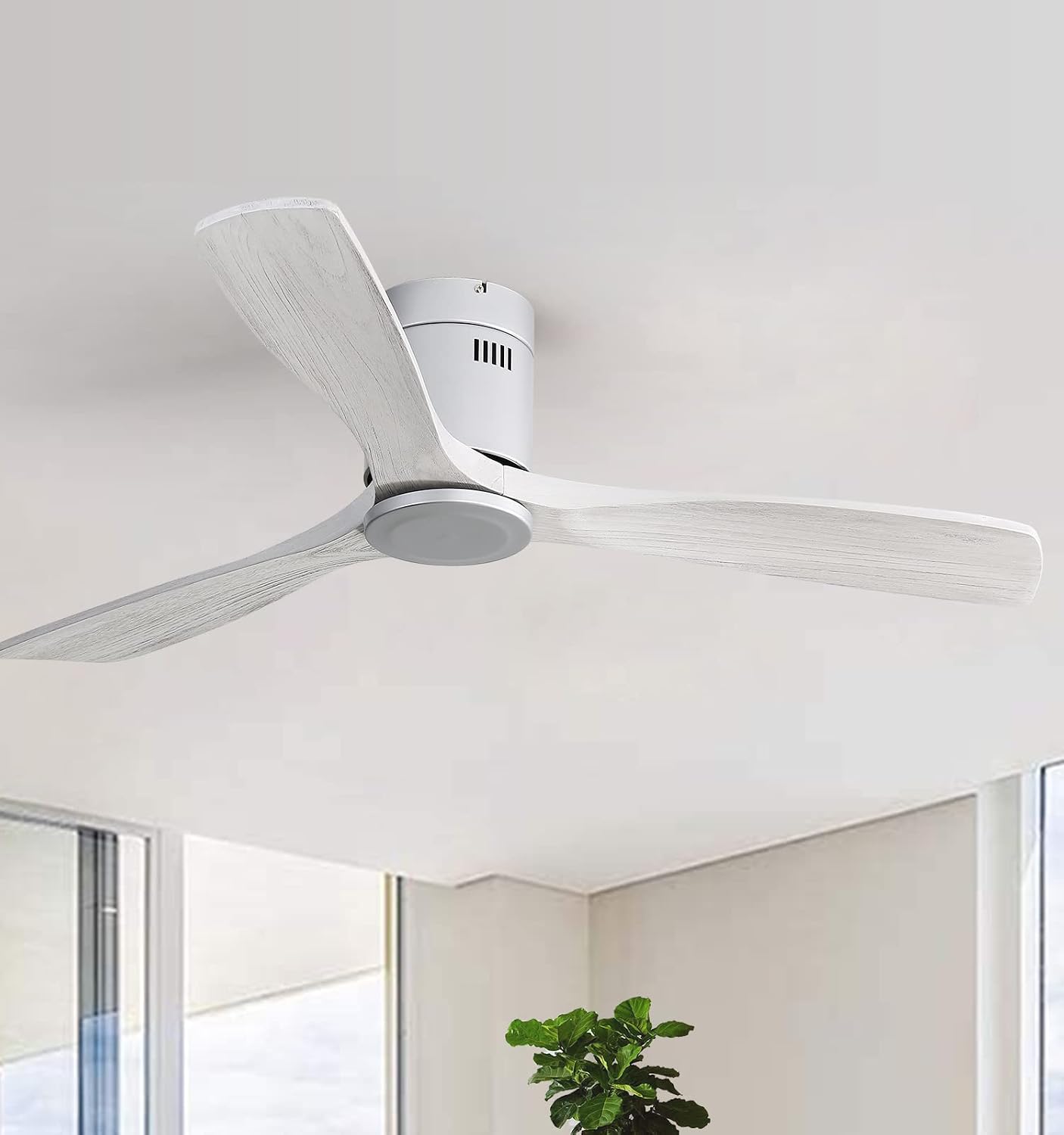 Sofucor 52 Inch Flush Mount Ceiling Fan No Light, Solid Wood Ceiling Fans without Lights Remote Control, Reversible DC Motor, Indoor/Outdoor Ceiling Fans for Bedroom Living Room Farmhouse Patio