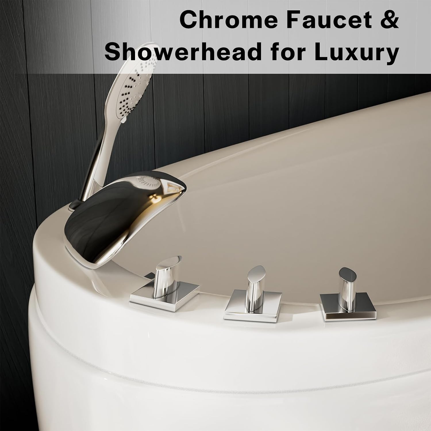 Empava Bathtub,59 Inch Soaking Tub with Chrome Faucet & Showerhead, Oval Deep Soak Acrylic bathtub with Integrated Seat, Japanese Style Design, Slip-Resistant Floor, Glossy White