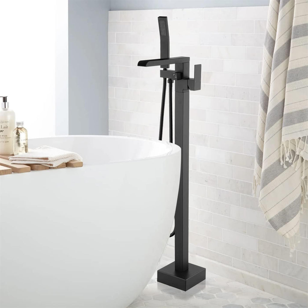 WELLFOR Floor Mount Tub Faucet with Hand Shower 1-handle Freestanding Bathtub Filler Single Handle Show Faucet, High flow 6GPM, Solid Brass Mounting Bracket Shower Faucet Kit, Matte Black