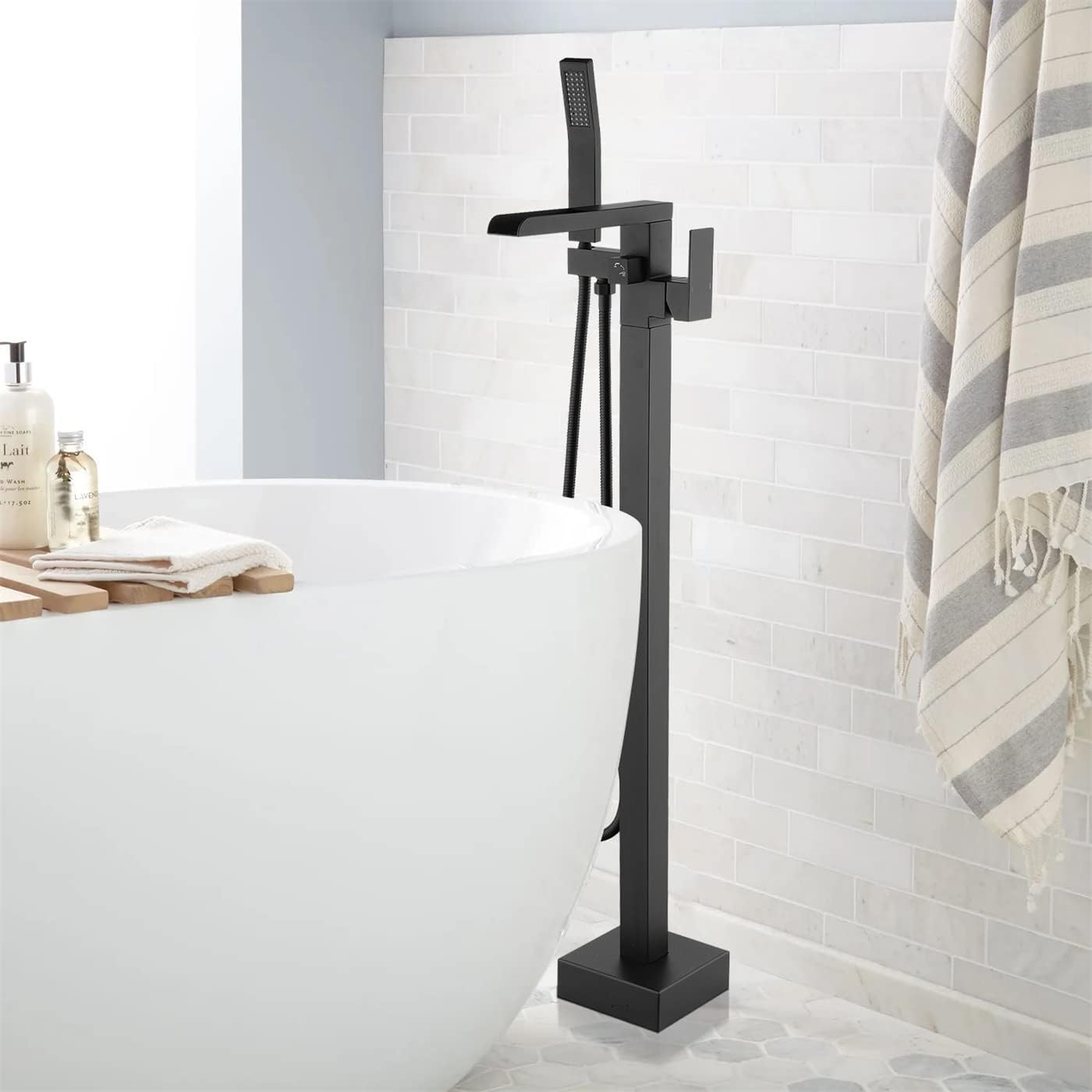 WELLFOR Floor Mount Tub Faucet with Hand Shower 1-handle Freestanding Bathtub Filler Single Handle Show Faucet, High flow 6GPM, Solid Brass Mounting Bracket Shower Faucet Kit, Matte Black
