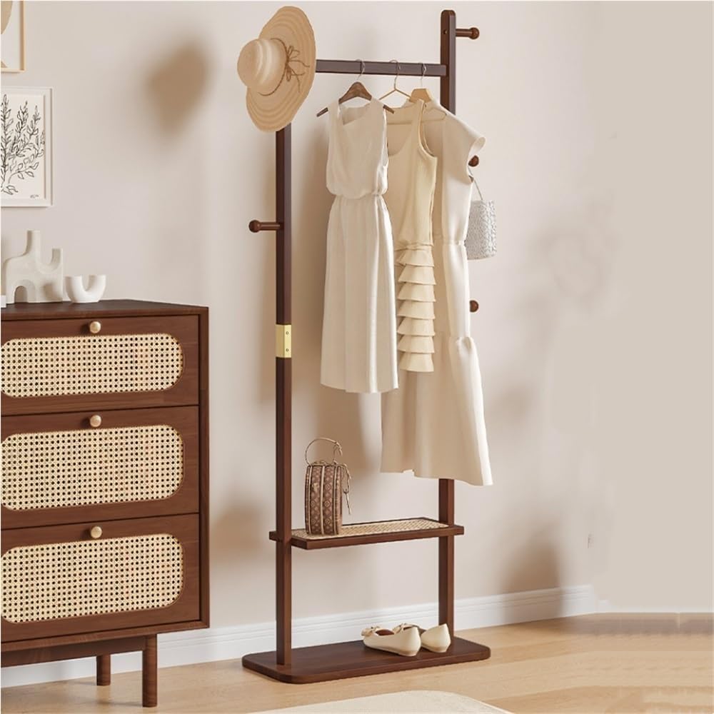 Solid Wood Coat Rack with Rattan Storage Shelf Freestanding Garment Racks Organizer for Entryway ﻿Living Room Space Saver