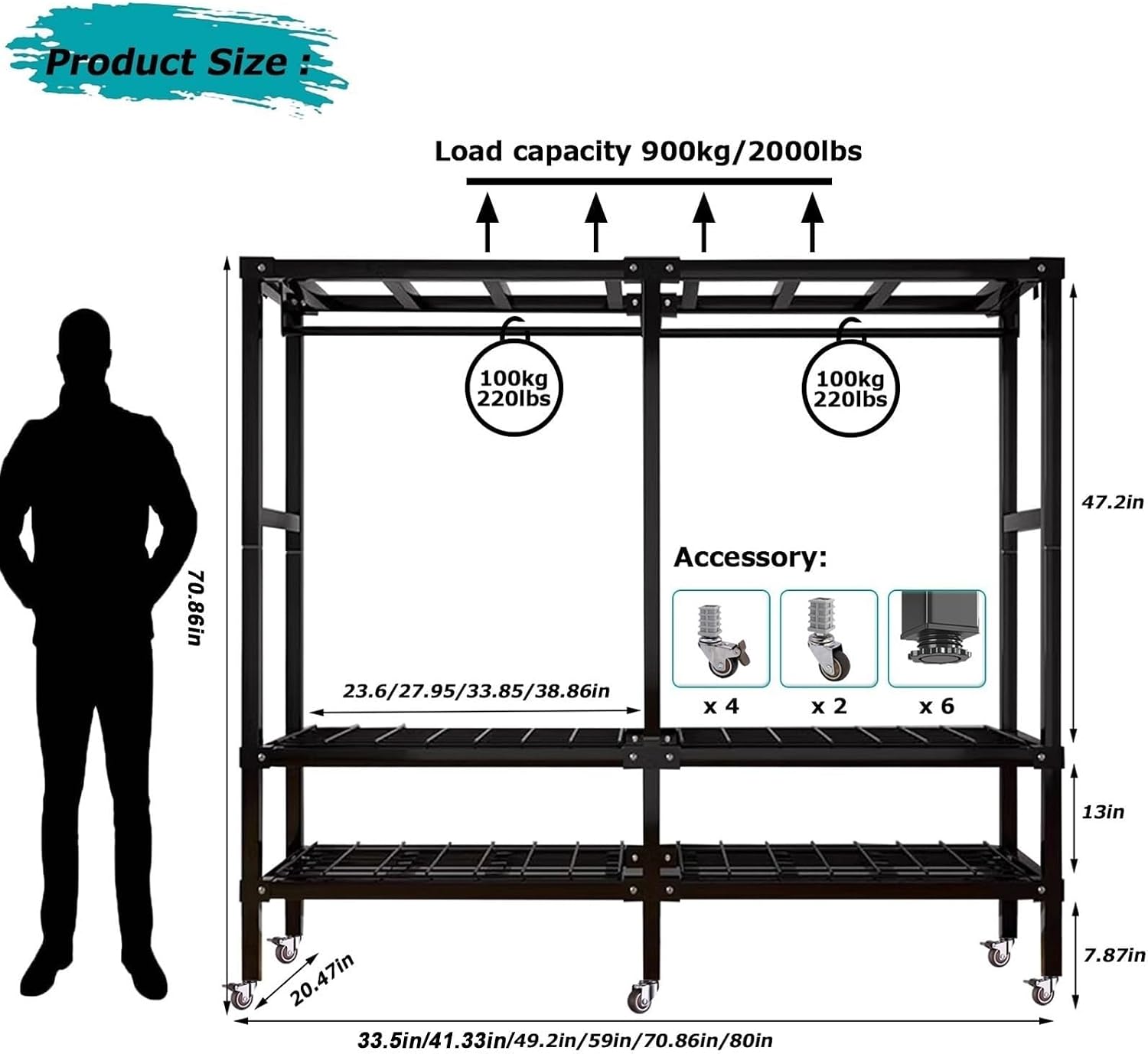 Foldable Wheeled Clothes Rack - Portable Heavy Duty Wardrobe Closet, Load 2000lbs/With Cover Bedroom Armoires Freestanding Clothing Coat Storage Rack Rolling Garment Rack For Hanging Clothes ( Size :