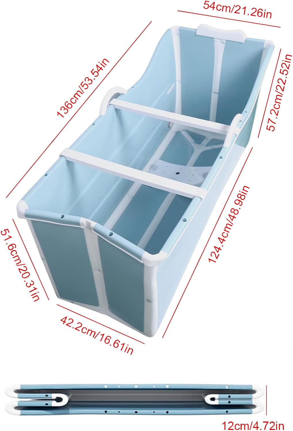 Portable Bathtub 53In Collapsible Soaking Bath Tub Blue Thickened Plastic Folding Bathtub Freestanding Bathtub for Adults, Bearing Capacity 92.48lbs (without Lid)