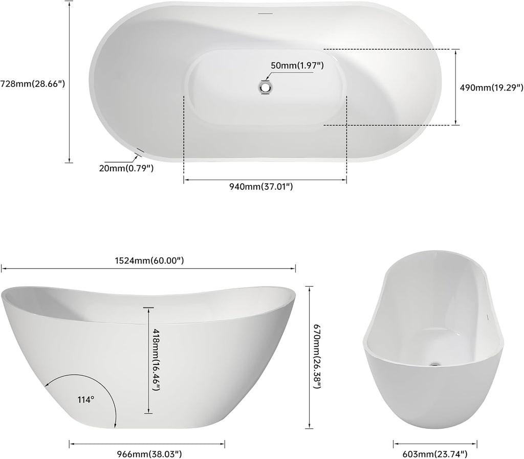 60' Acrylic Freestanding Bathtubs, High-back Stand Alone Tub, Soaking Tubs for Bathroom, Integrated Overflow and Drain, cUPC Certified, Gloss White