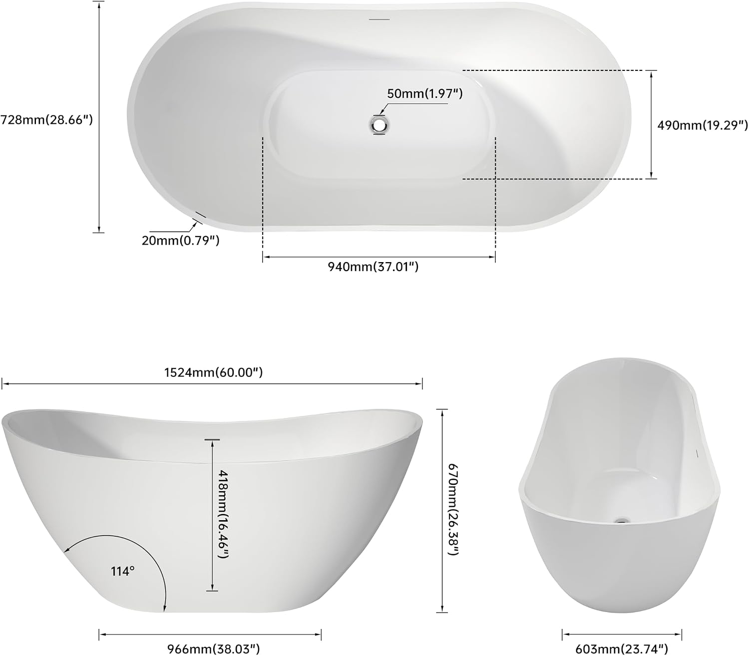 SJ STAR&JANE 60' Acrylic Freestanding Bathtub, Dual Slipper Acrylic Soaking Bathtub,Stand Alone Tub with Drain and Overflow, cUPC Certified, White