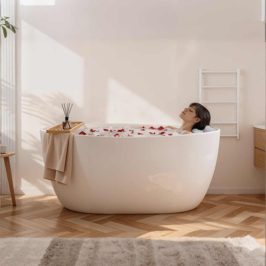 47 * 28 * 24 Inch Acrylic Freestanding Bathtub, Modern Soaking Bright White Bathtub, Equipped With Bright Silver Overflow And Bouncing Water Outlet