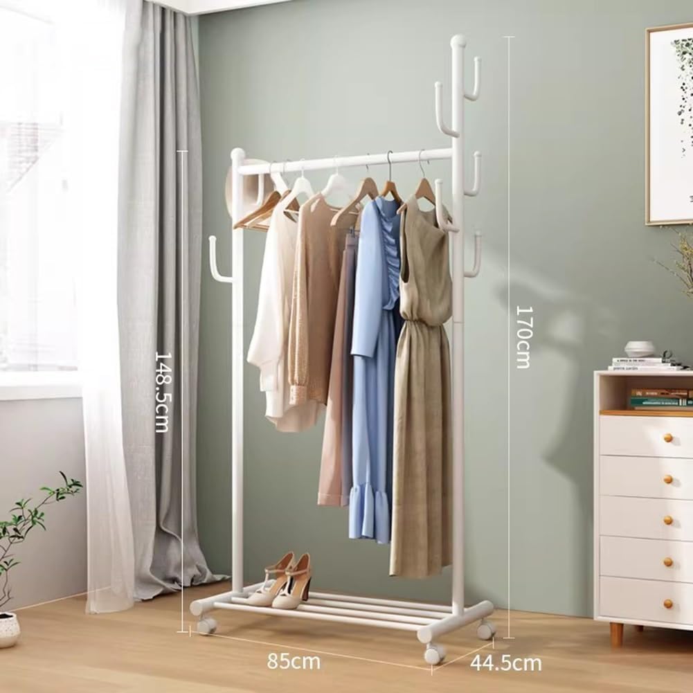 Rygcrud Coat Rack Freestanding, Garment Rack with 7 Hooks, Rolling Clothes Hanging Stand with Shelve for Guest Room Organizer(White,33.5in)
