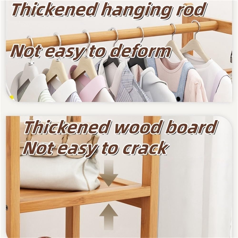 Wooden Clothes Rack with Storage & 6 Hooks, Freestanding Garment Rack for Bedroom, Dorm, Dining Room - Stylish Brown Coat Stand (19.7x11.8x65.2in)