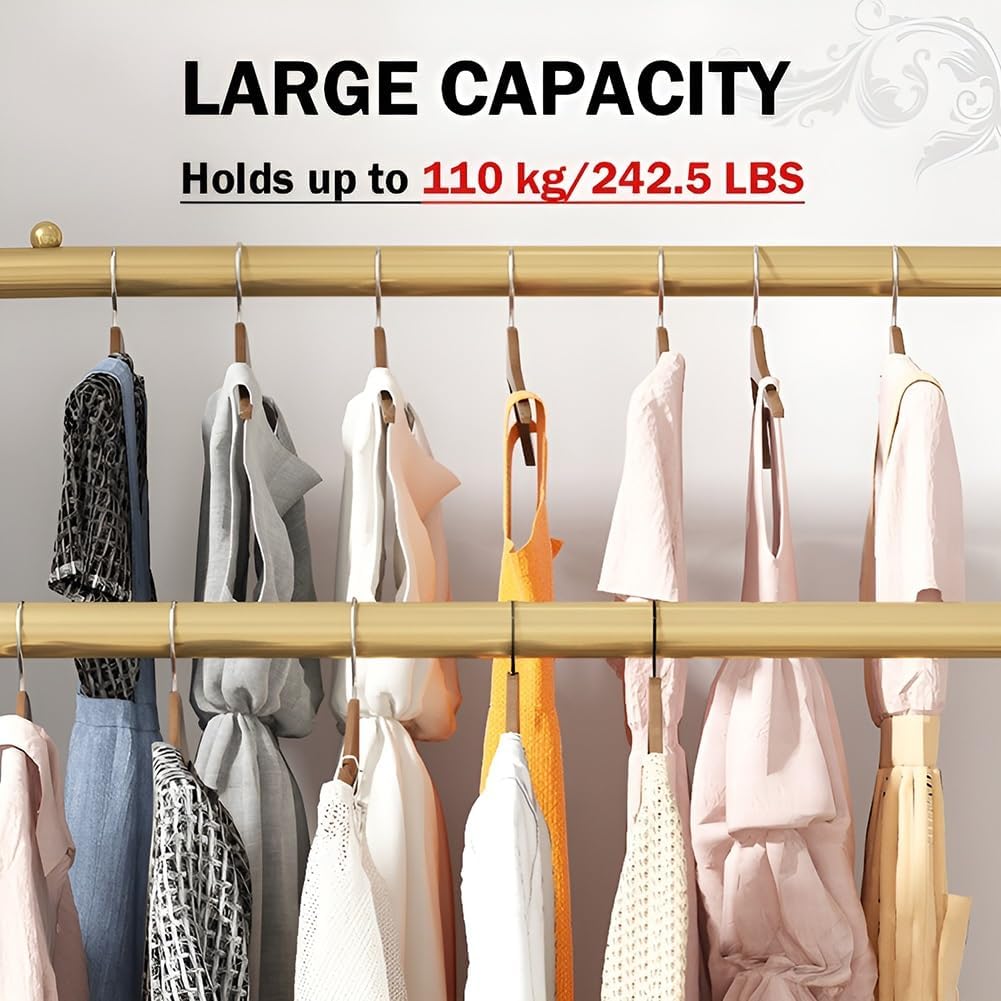 Gold Garment Rack with 2 Rods, Hooks and 2 Storage Shelf Freestanding Clothing Rack for Hanging Clothes(80x40x150cm)