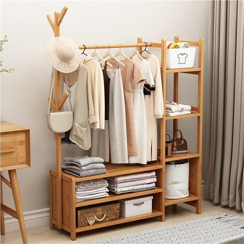 Wooden Clothes Rack with Storage, Freestanding Garment Rack with 6 Hooks, Stylish Coat Rack for Bedroom, Study, Dining Room & Dorm, 27.6' x 11.8' x 62.2' (Yellow)