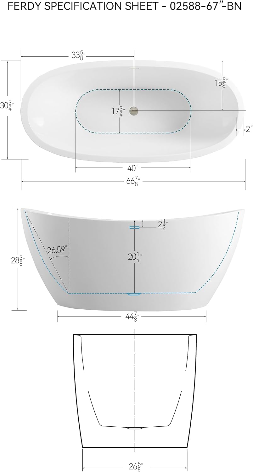 FerdY Naha 67' Freestanding Bathtub, Curve Edge Soaking Bathtub with Brushed Nickel Drain& Bath Pillow for Bathtub,Thick Tub Pillows, Ergonomic Head Neck and Back Support