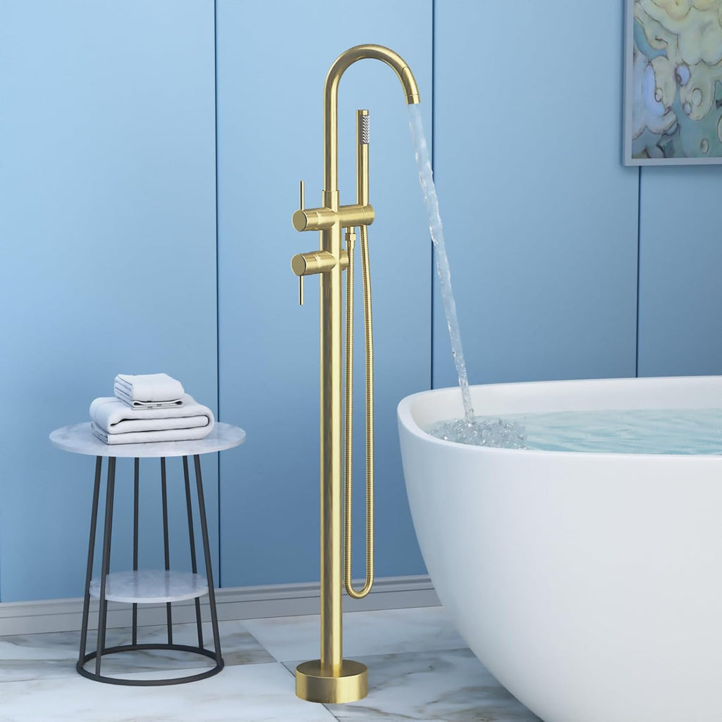 Freestanding Bathtub Faucet,Tub Filler Floor Mount Stand Bathtub Faucet Brass Bathroom Tub Faucets with 2 Function Hand Shower Wand Swivel Brushed Gold