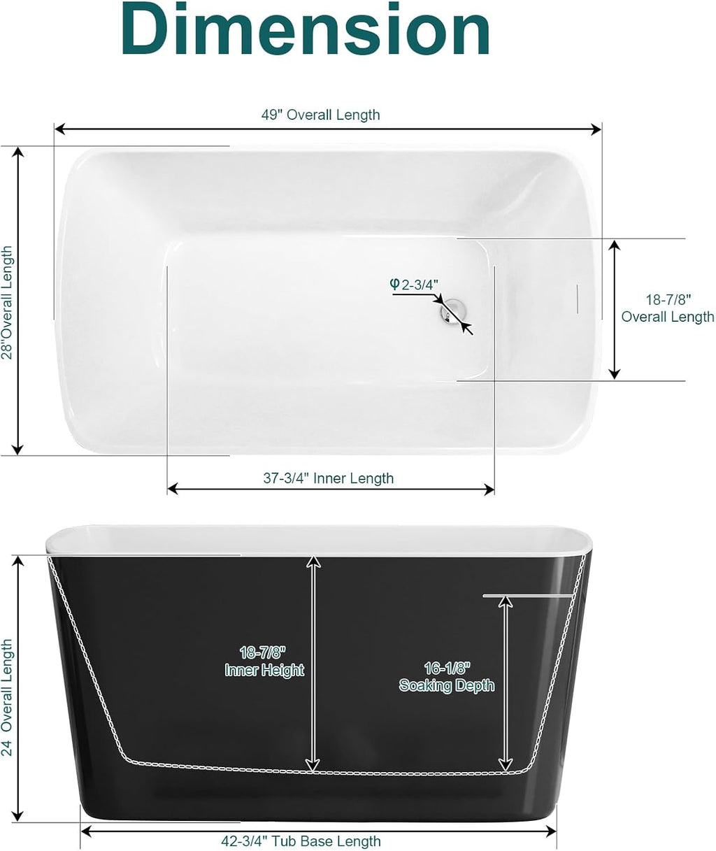 Zevemomo 49' Acrylic Freestanding Bathtub, Modern Deep Soaking Tub with Brushed Nickel Overflow and Drain, cUPC Certified Free Standing Tub, Black