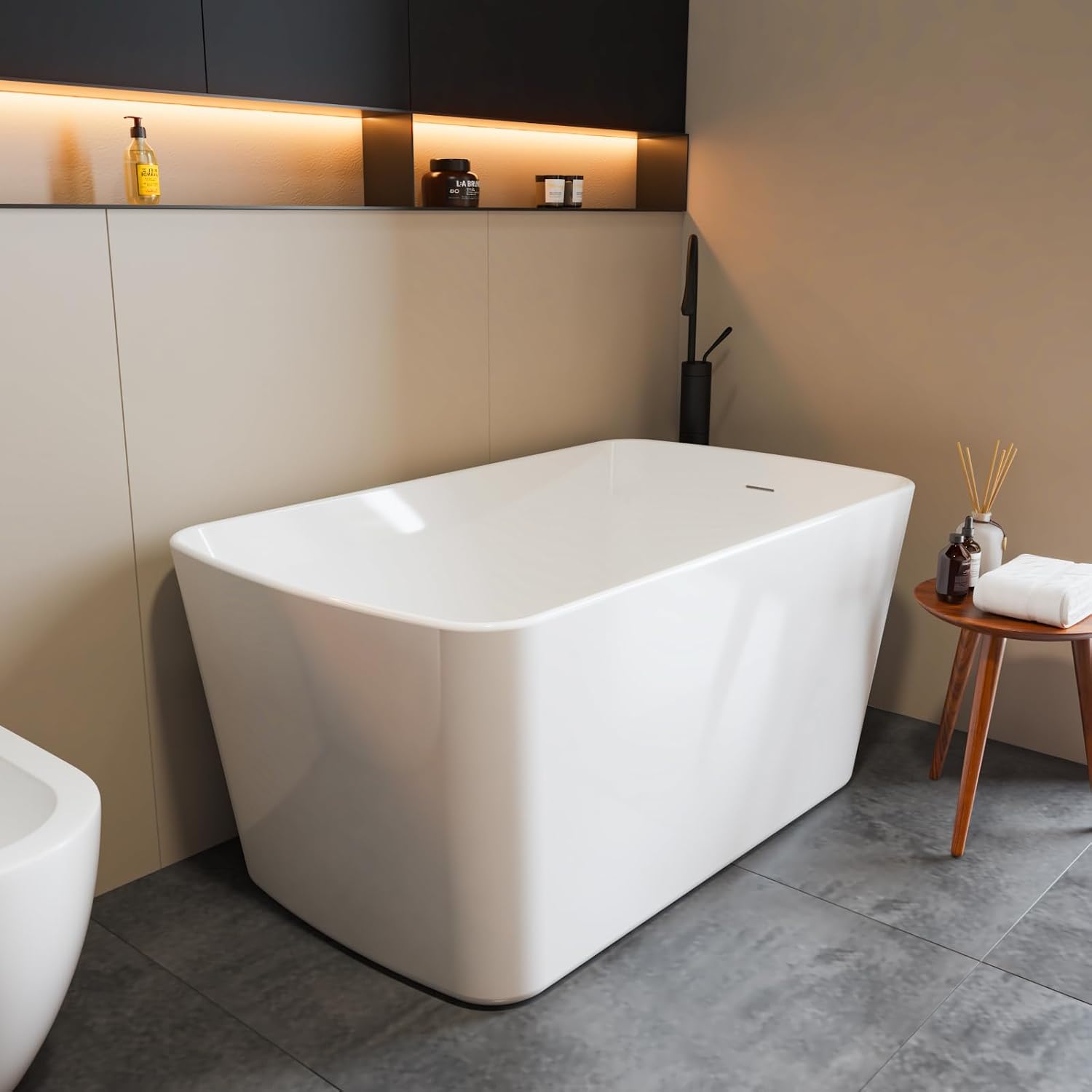 55' Acrylic Freestanding Bathtub - Japanese Square Soaking Tub with Built-in Seat, Toe-Tap Drain & Overflow, Glossy White, Compact Space-Saving Bath for Bathrooms