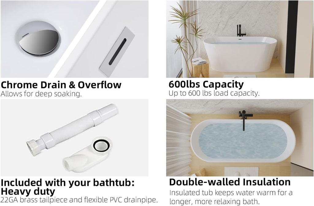 Zavdte 55' Freestanding Acrylic Bathtub, Gloss White Stand Alone Soaking Tub with Toe-tap Chrome Drain, Double-Wall Insulation, CUPC Certified, Easy Install & Spacious Design