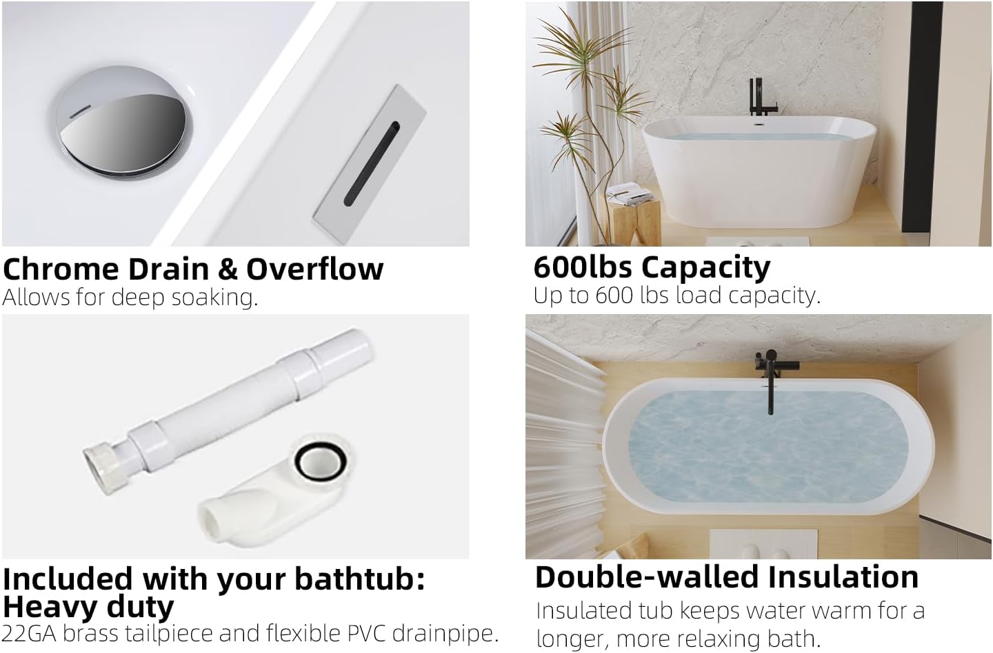 Freestanding Bath Tub 59' L Acrylic Freestanding Bathtub with Chrome Overflow & Drain, Free Standing Bathtub White Modern Stand Alone Tubs for Bathroom Fixtures, Chrome Finish Glossy White