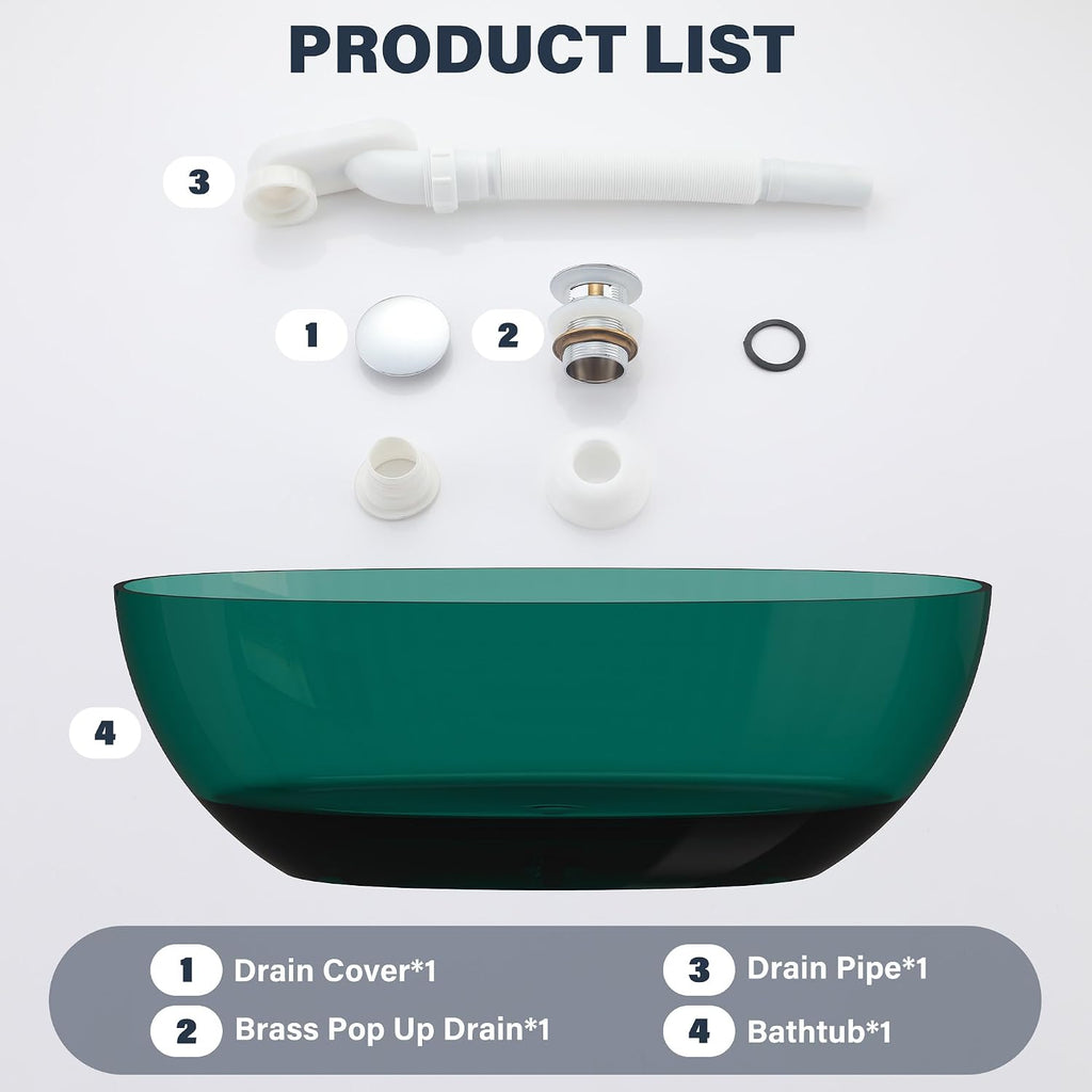 CASAINC 67' Soaking Tub Transparent Resin Freestanding Bathtub Modern Oval Design Stand Alone Tub with Pop-up Drain, 73.32 Gallons Water Storage Capacity and 415 MM Soaking Depth, Transparent Sea Blue