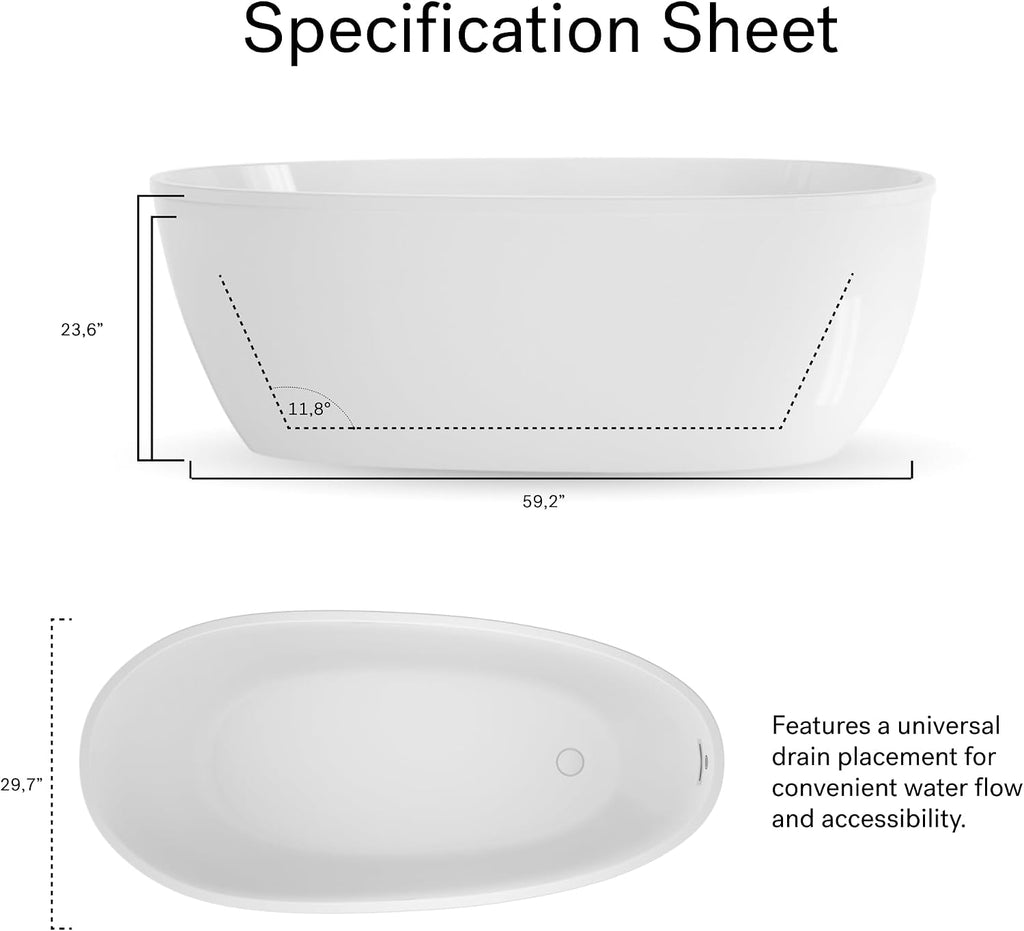 Jacuzzi SIGNATURE Oval Freestanding Acrylic Soaking Bathtub, 59.2' (L) x 29.7' (W) x 23.6' (H), Matte Black Tub Filler & Hand Shower, Universal Drain, Contemporary Style for Homes & Businesses, White