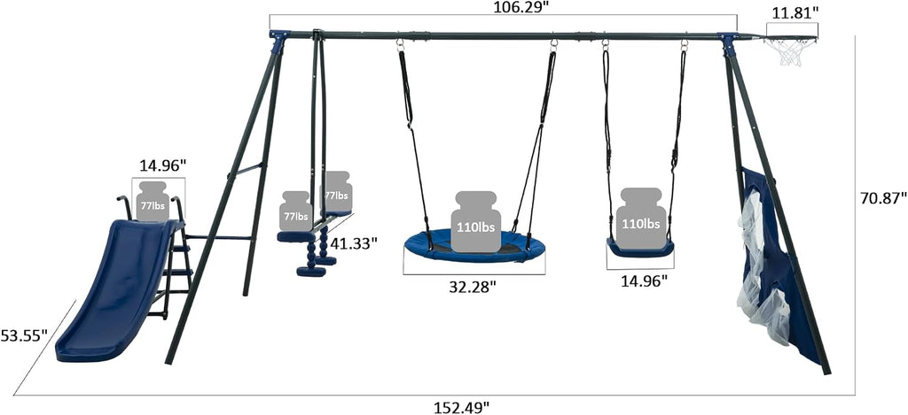 Metal 6 in 1 Swing Set for Kids, Basketball Hoop & Football net, Seesaw & 3.28ft Slide Durable Steel Frame – Outdoor Backyard Playset, Swing Sets for Backyard - Playground (Blue)