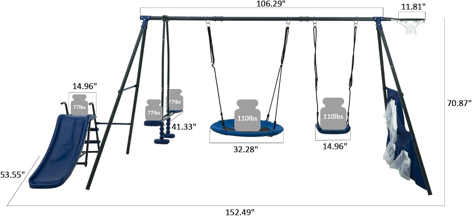Metal 6 in 1 Swing Set for Kids, Basketball Hoop & Football net, Seesaw & 3.28ft Slide Durable Steel Frame – Outdoor Backyard Playset, Swing Sets for Backyard - Playground (Blue)
