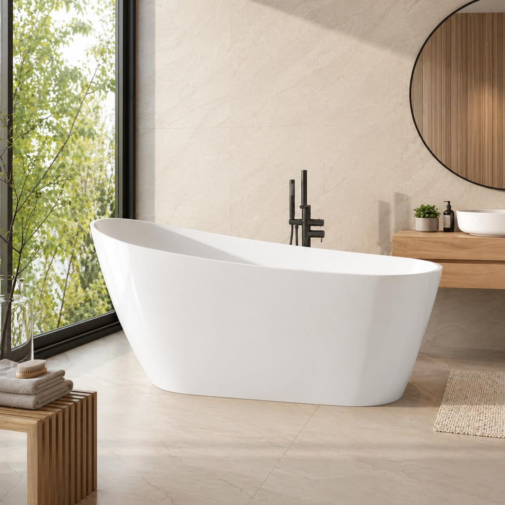 59 Inch Acrylic Freestanding Bathtub, Soaking Bathtub with Matte Drain and Overflow, Modern Square Tub with Deep Ergonomic Design, Double-Walled Insulation for Bathroom Relaxation, cUPC Certified