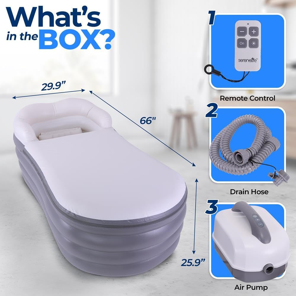 SereneLife Inflatable Bathtub with Bubble Massage Mat, Non-Slip, Backrest Support, Includes Pillow, Cup Holder, Remote Control, Easy Storage, PVC Material, Supporting Up To 345 lbs., ‎66'x30'x26'