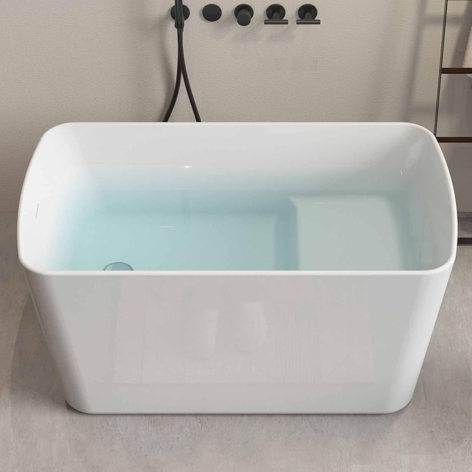 49' Rectangular Freestanding Soaking Bathtub with Chrome Overflow and Drain, Acrylic Stand Alone Tub with Seat, Japanese Soaking Tub for Bathroom, R-Corner Design, Ergonomic (White+Seat, 49')
