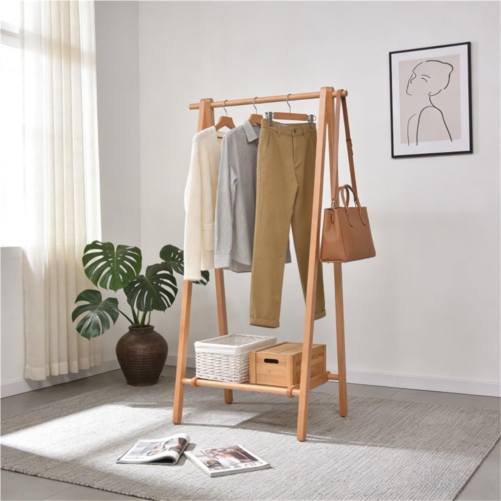 Coat Rack, Wooden Clothing Rack, Foldable Clothes Rack, Garment Rack with Storage, Freestanding Clothes Hanger for Living Room, Bedroom, Entrance(29.5x19.3x59in)