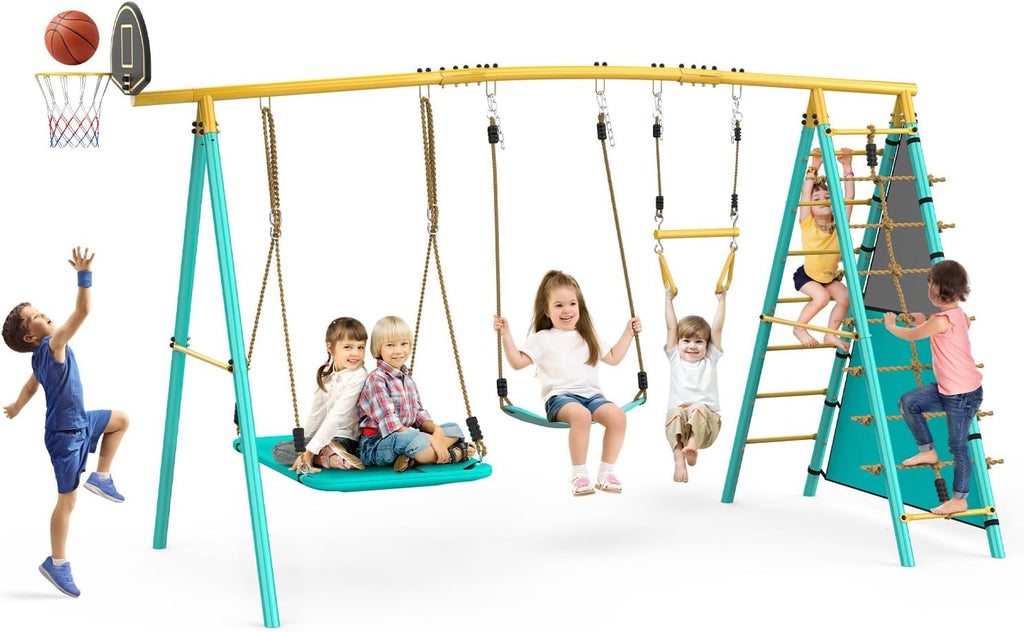Jocoevol Swing Set for Backyard, Heavy-Duty Metal Swing Sets for Kids with 2 Swings, Climbing Ladder and Nets,Trapeze Bar, Soccer Goals and Basketball Hoop Up to 660lbs