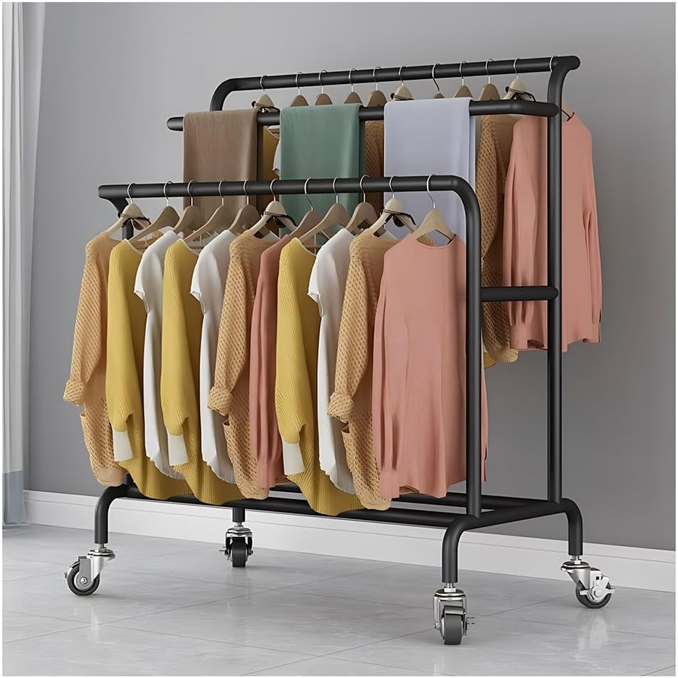 zktoermn Heavy Duty Double Rod Clothes Rack, Clothing Garment Rack On Wheels, Stainless Steel Freestanding Garment Rack, for Bedroom,Living Room,Clothing Store(Black-B,100x50x155 cm)