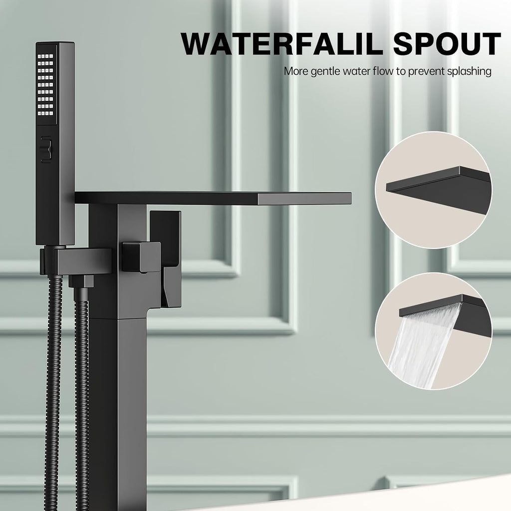 Freestanding Bathtub Faucet with Handheld Sprayer, Matte Black Floor Mount Tub Filler, High Flow Waterfall Brass Bath Shower Faucet for Modern Bathroom