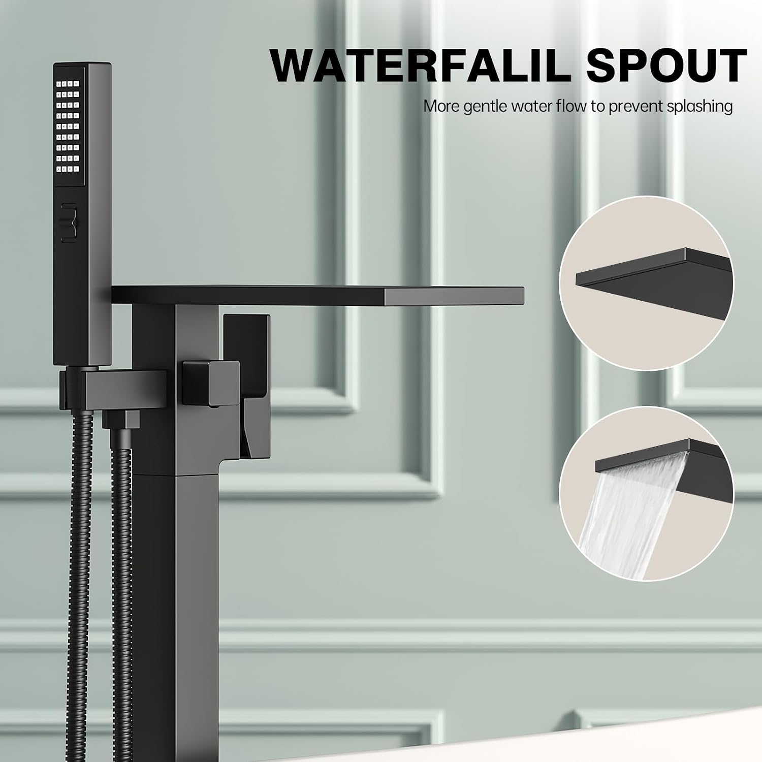Freestanding Bathtub Faucet with Handheld Sprayer, Matte Black Floor Mount Tub Filler, High Flow Waterfall Brass Bath Shower Faucet for Modern Bathroom