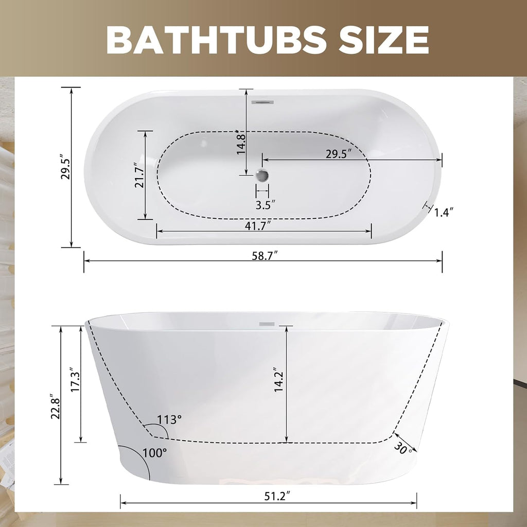 59 Inch Free Standing Bathtub,Made of Pure Acrylic Material with 8 Layers of Reinforced Coating,Cupc Certified,Spacious Ergonomic Design,Modern Luxury Bathtub,White