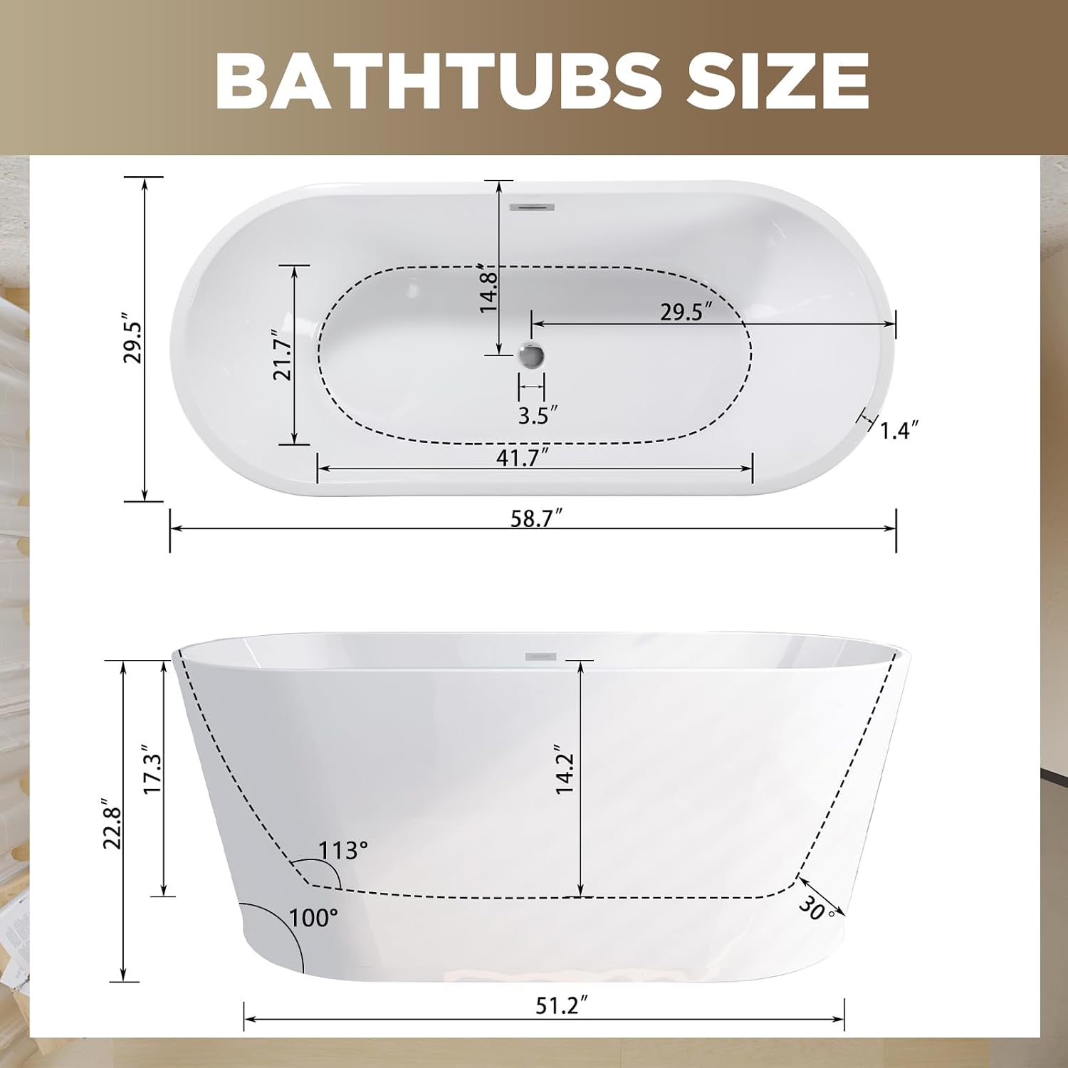 59 Inch Free Standing Bathtub,Made of Pure Acrylic Material with 8 Layers of Reinforced Coating,Cupc Certified,Spacious Ergonomic Design,Modern Luxury Bathtub,White