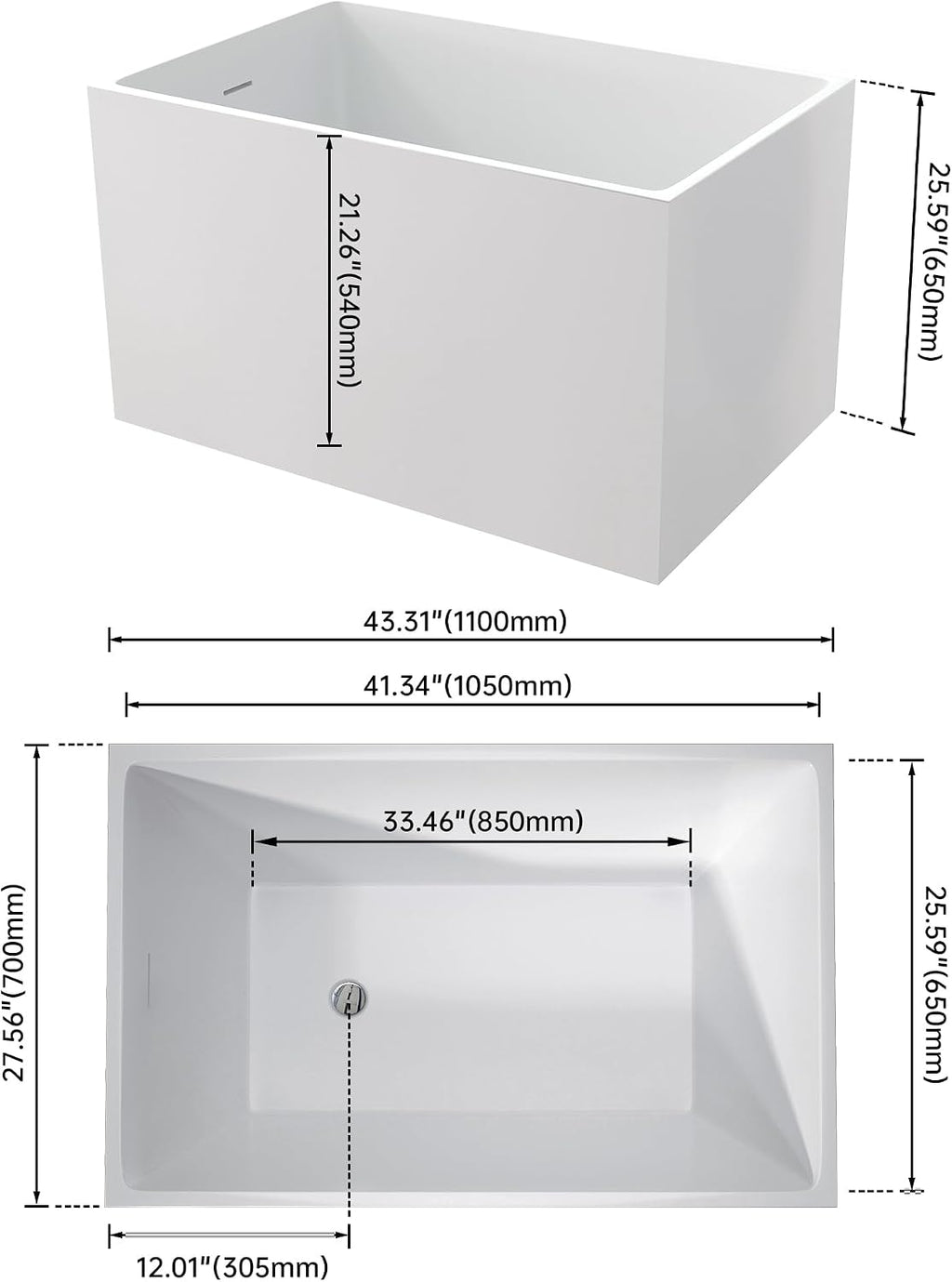 43.3' Contemporary Free Standing Bathtubs, Japanese Soaker Tub | Upgraded Glossy White Japanese Soaker Tub with CUPC Drain