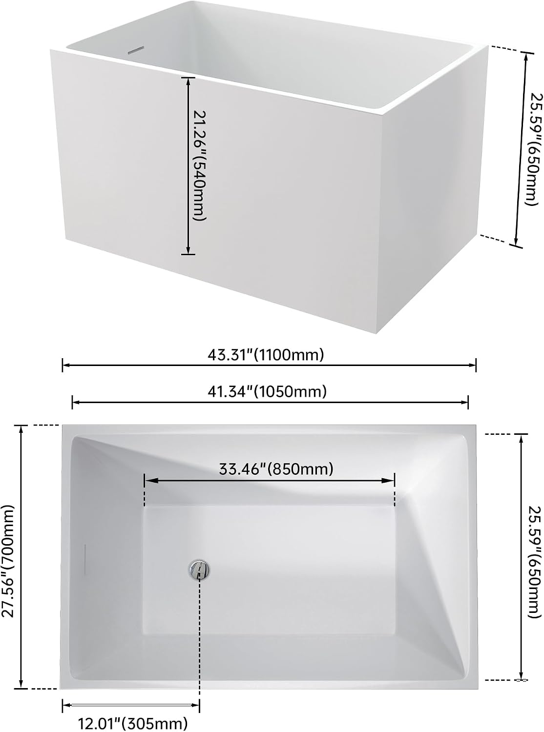 43.3' Contemporary Free Standing Bathtubs, Japanese Soaker Tub | Upgraded Glossy White Japanese Soaker Tub with CUPC Drain